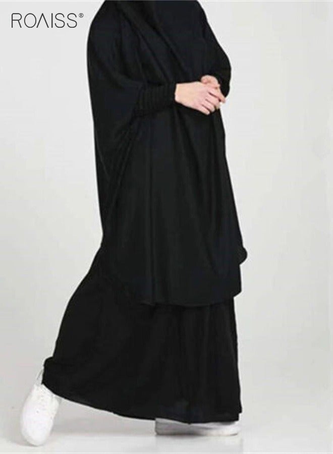 Women's Traditional Wear Loose Suit Casual Hooded Large Hem Circumference Solid Color Gown 2 Piece Classic National Worship Long Sleeve One-Piece Headscarf Abaya Dress Black