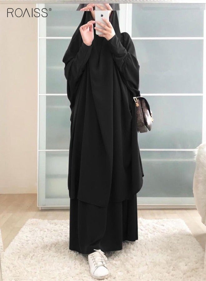 Women's Traditional Wear Loose Suit Casual Hooded Large Hem Circumference Solid Color Gown 2 Piece Classic National Worship Long Sleeve One-Piece Headscarf Abaya Dress Black