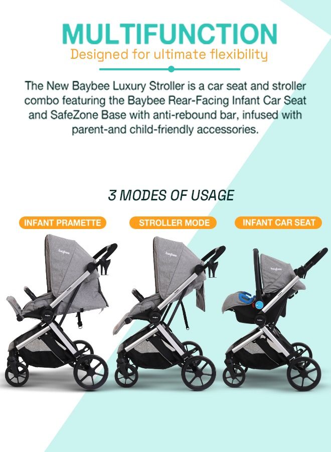 3 In 1 Convertible Baby Pram Stroller With Car Seat Combo Aluminium Frame 3 Position Adjustable Canopy Reversible Seat Travel System Stroller For Baby Toddlers 0-3 Years Boys Girls Silver