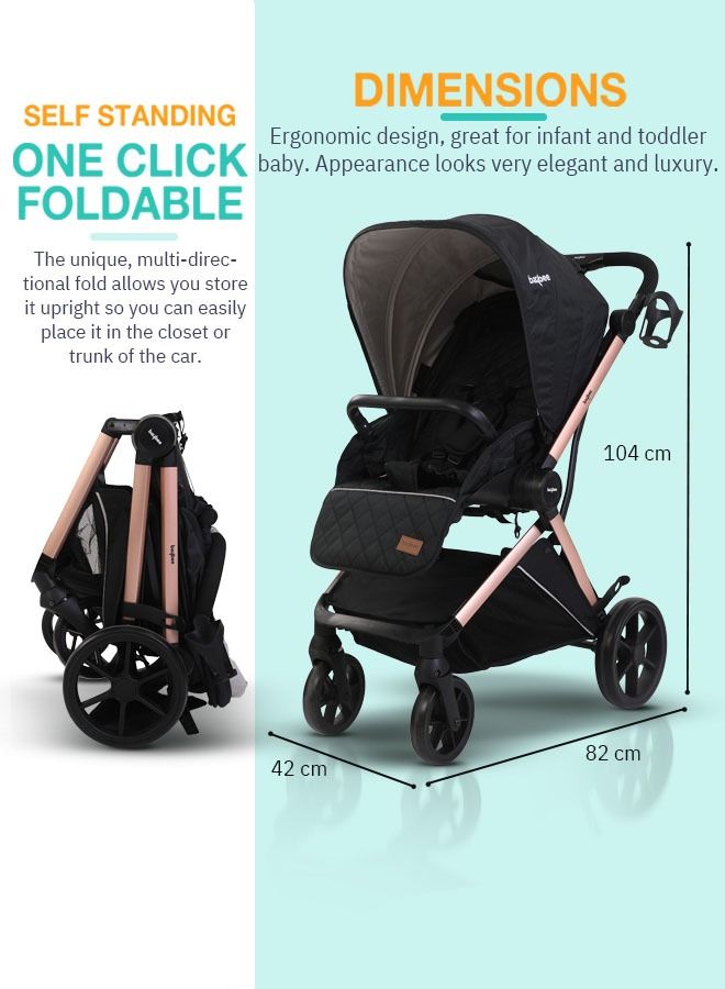 3 In 1 Convertible Baby Pram Stroller With Car Seat Combo Aluminium Frame 3 Position Adjustable Canopy Reversible Seat Travel System Stroller For Baby Toddlers 0-3 Years Boys Girls Rose Gold