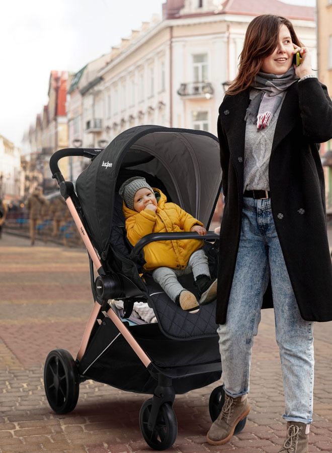 3 In 1 Convertible Baby Pram Stroller With Car Seat Combo Aluminium Frame 3 Position Adjustable Canopy Reversible Seat Travel System Stroller For Baby Toddlers 0-3 Years Boys Girls Rose Gold