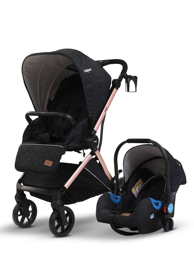 3 In 1 Convertible Baby Pram Stroller With Car Seat Combo Aluminium Frame 3 Position Adjustable Canopy Reversible Seat Travel System Stroller For Baby Toddlers 0-3 Years Boys Girls Rose Gold