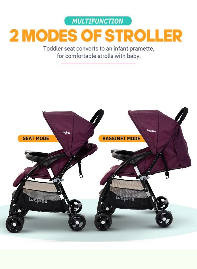 Portable Infant Baby Stroller For Babies With 3-Position Adjustable Seat Canopy 5-Point Safety Belt Storage Travel System Baby Stroller For Baby Toddlers Kids 0 To 3 Years Boys Girls Purple
