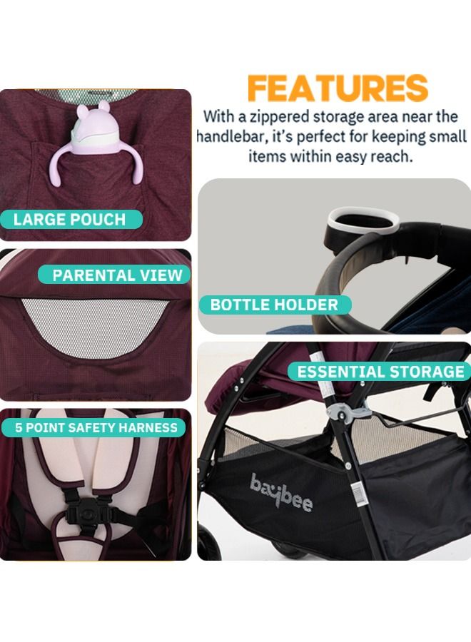 Portable Infant Baby Stroller For Babies With 3-Position Adjustable Seat Canopy 5-Point Safety Belt Storage Travel System Baby Stroller For Baby Toddlers Kids 0 To 3 Years Boys Girls Purple