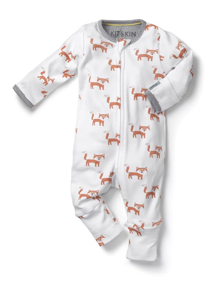 Kit & Kin All‑in‑One Baby Onesie – Super Soft 100 % Organic Cotton │ Easy Zip‑Up & Safety Placket │ Fold‑Over Mitts & Feet │ Unisex Fox Design 3-6 Months