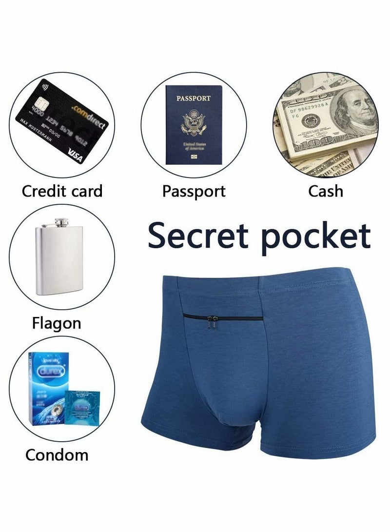 Men's Boxer Briefs Secret Hidden Pocket, 2 Pcs Pickpocket Proof Travel Pocket Underwear, Panties (XL, Blue)