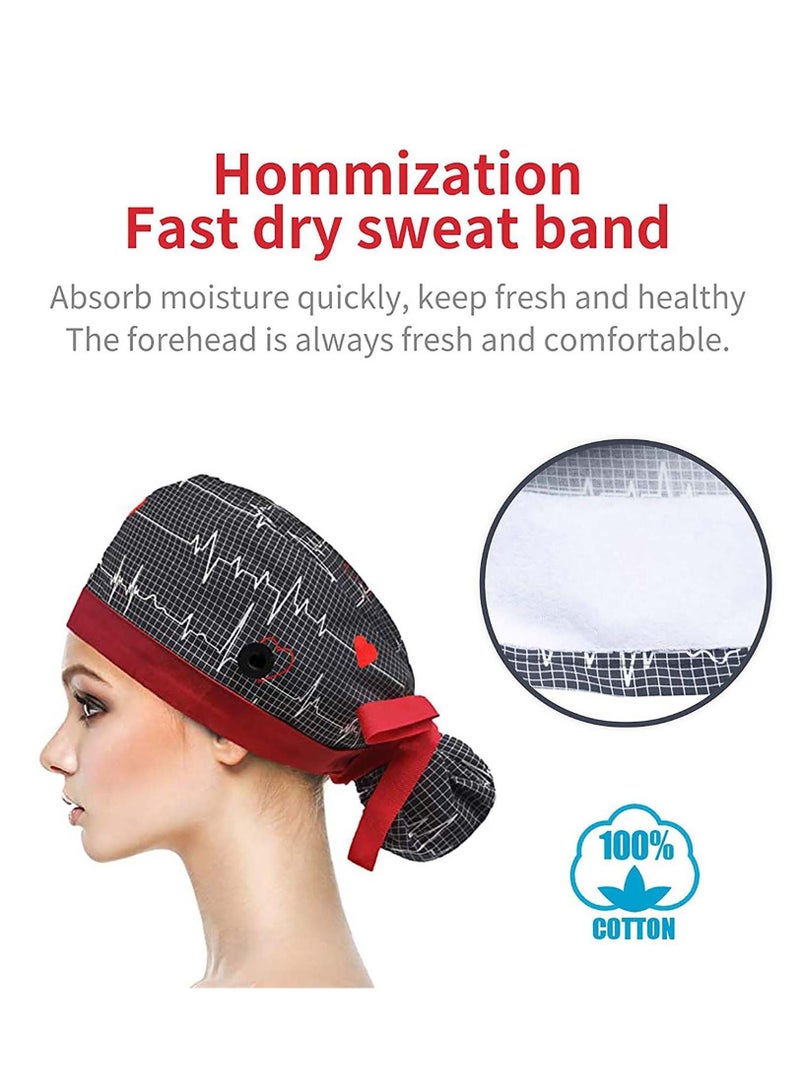Working Cap, Adjustable Cotton Hats, Sweatband Ponytail Holder, with Buttons and Sweatband, Long Hair Head Covers Shower Caps, Tie Back Hats for Women & Men, One Size