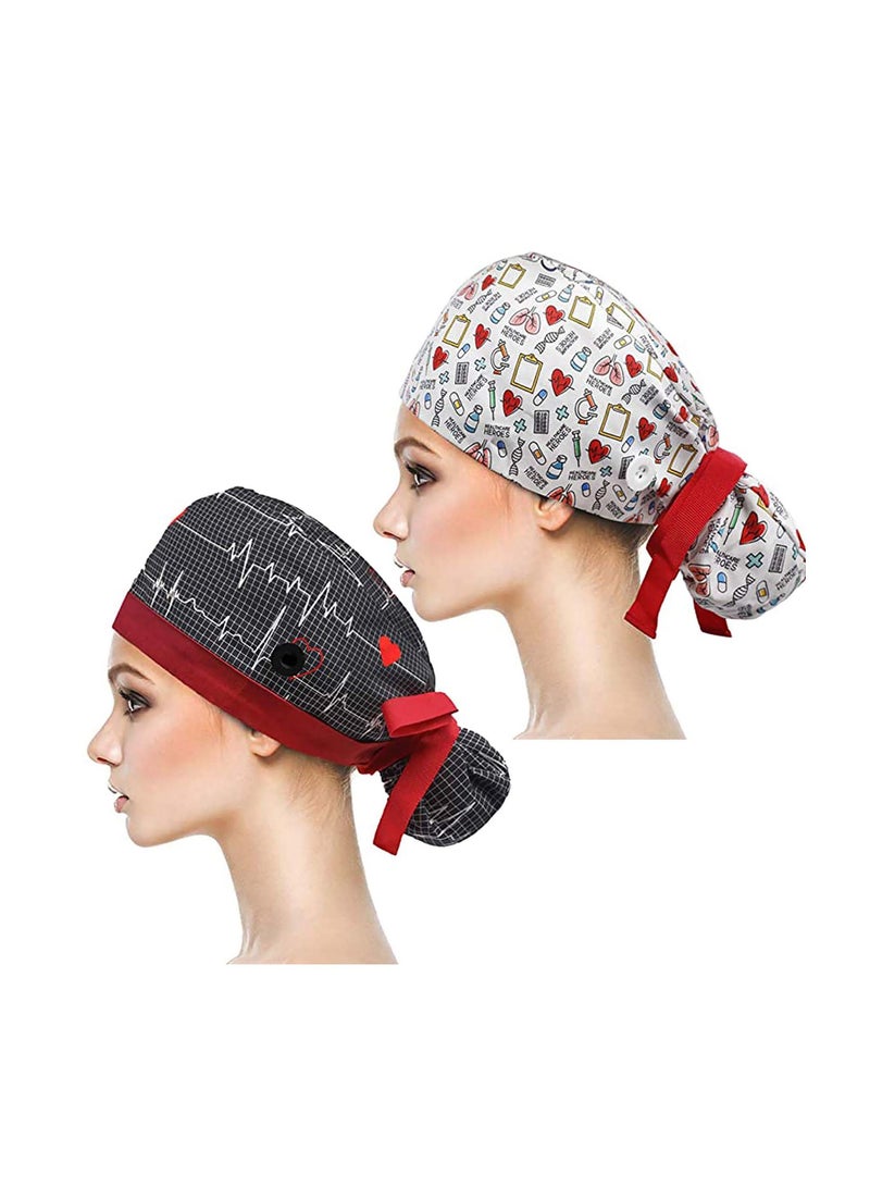 Working Cap, Adjustable Cotton Hats, Sweatband Ponytail Holder, with Buttons and Sweatband, Long Hair Head Covers Shower Caps, Tie Back Hats for Women & Men, One Size