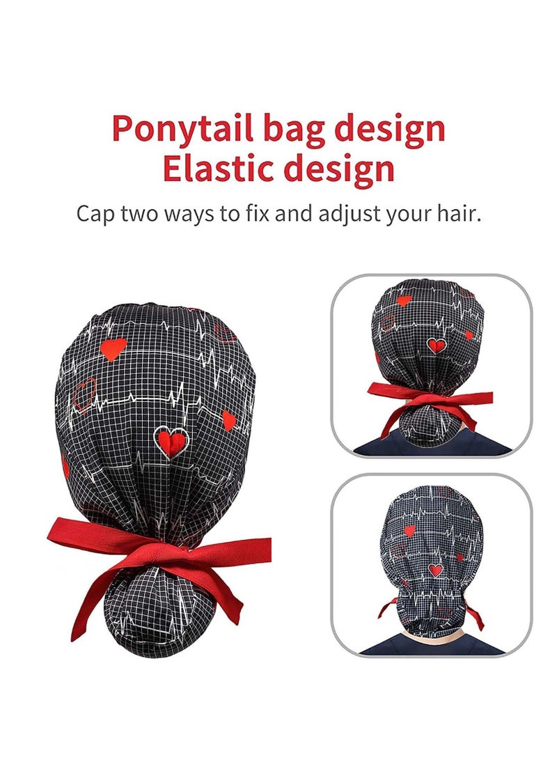 Working Cap, Adjustable Cotton Hats, Sweatband Ponytail Holder, with Buttons and Sweatband, Long Hair Head Covers Shower Caps, Tie Back Hats for Women & Men, One Size