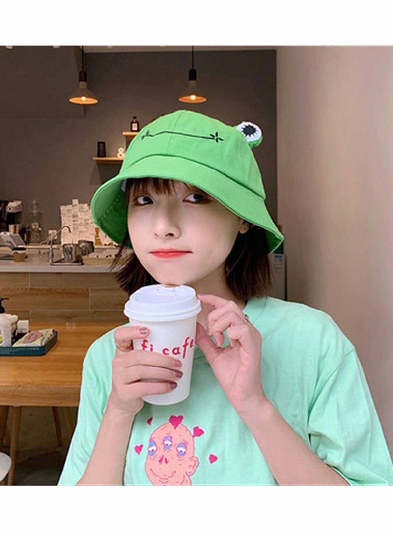 Cute Green Frog Bucket Hat Summer Cotton Sun hat for Adults Womens Wide Brim Fisherman Fun