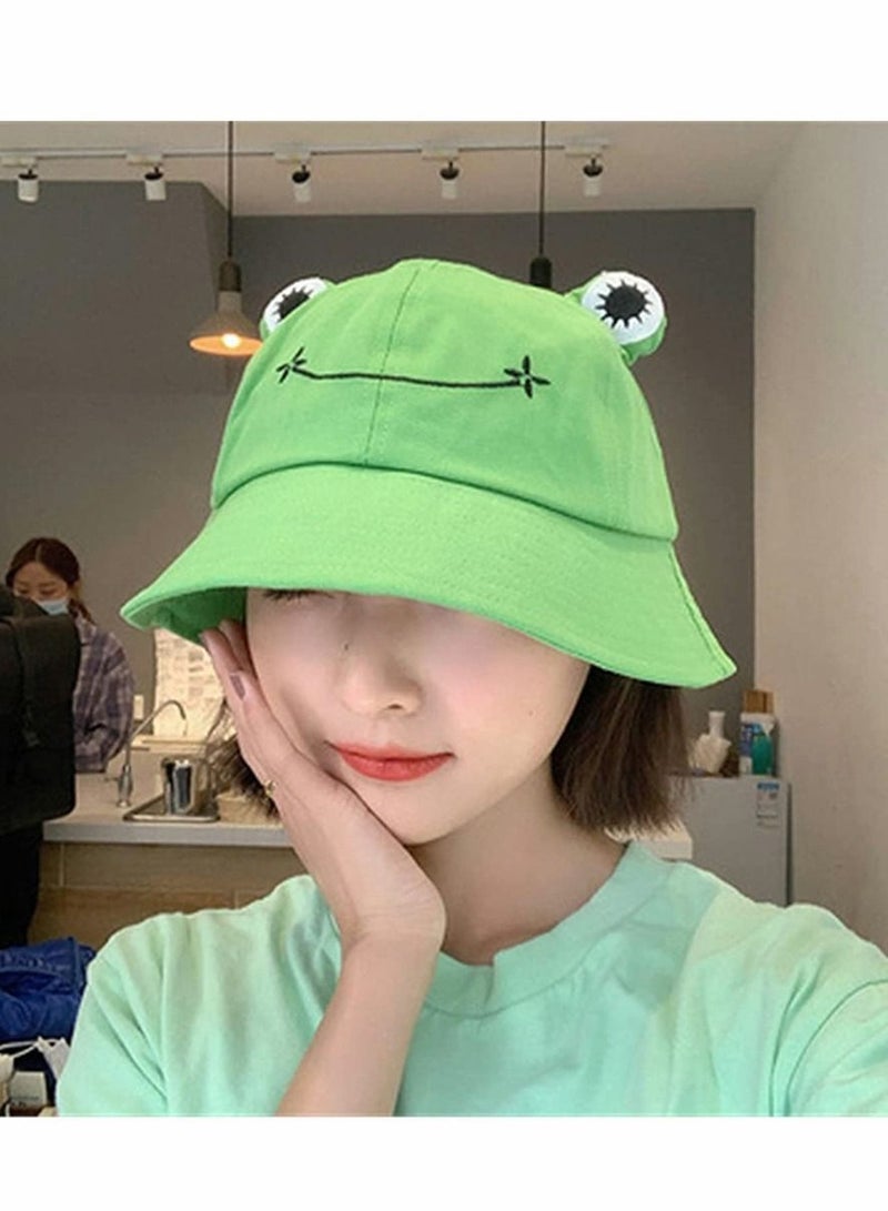 Cute Green Frog Bucket Hat Summer Cotton Sun hat for Adults Womens Wide Brim Fisherman Fun