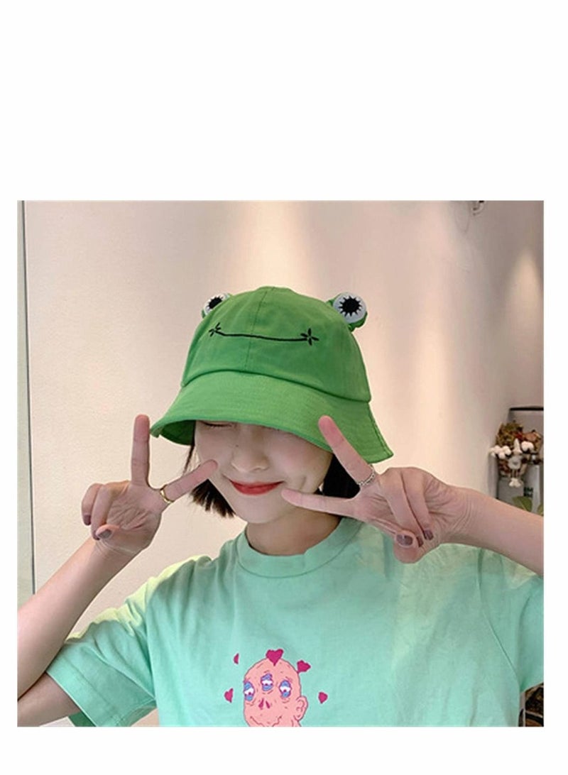 Cute Green Frog Bucket Hat Summer Cotton Sun hat for Adults Womens Wide Brim Fisherman Fun