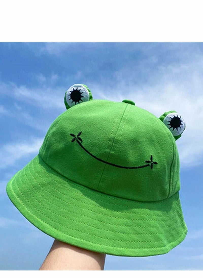 Cute Green Frog Bucket Hat Summer Cotton Sun hat for Adults Womens Wide Brim Fisherman Fun