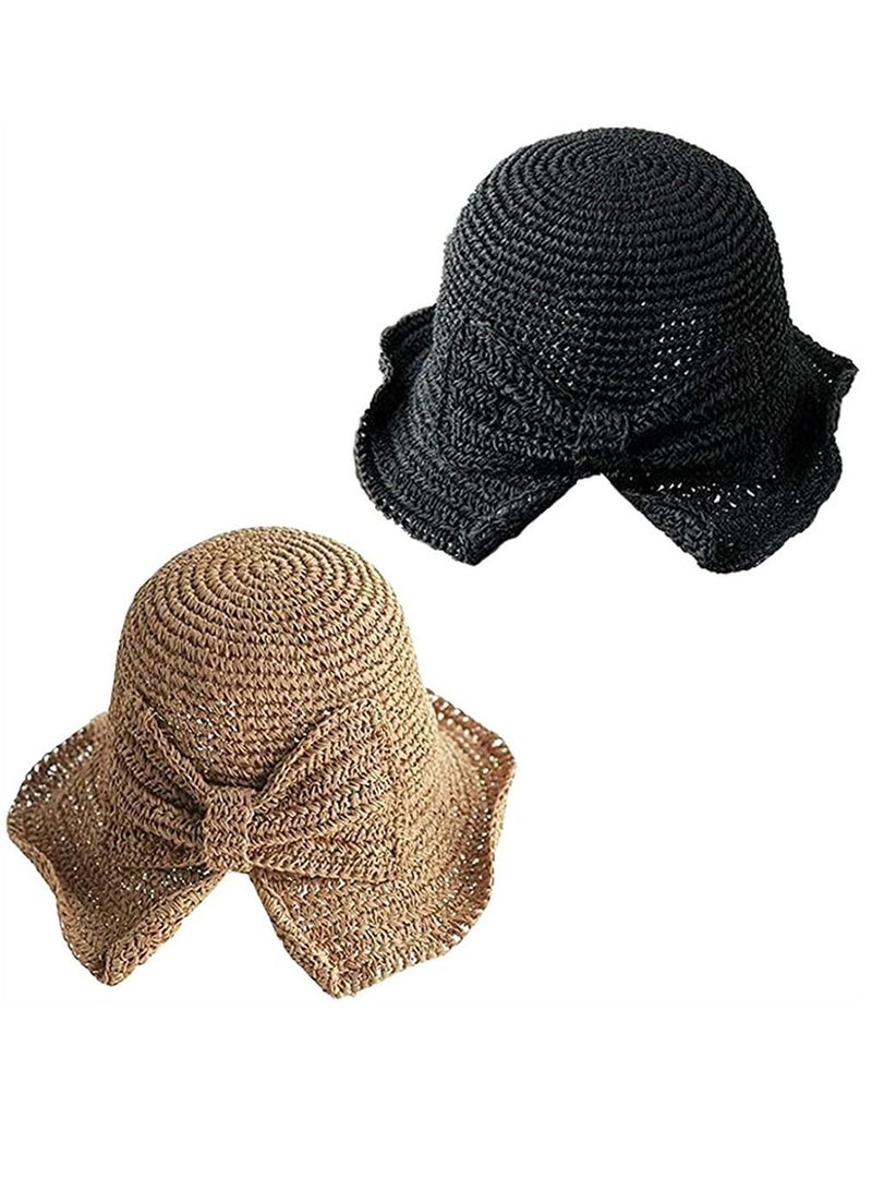 2 Pack Foldable Wide Brim Floppy Straw Sun Hat Summer Beach for Women Girl