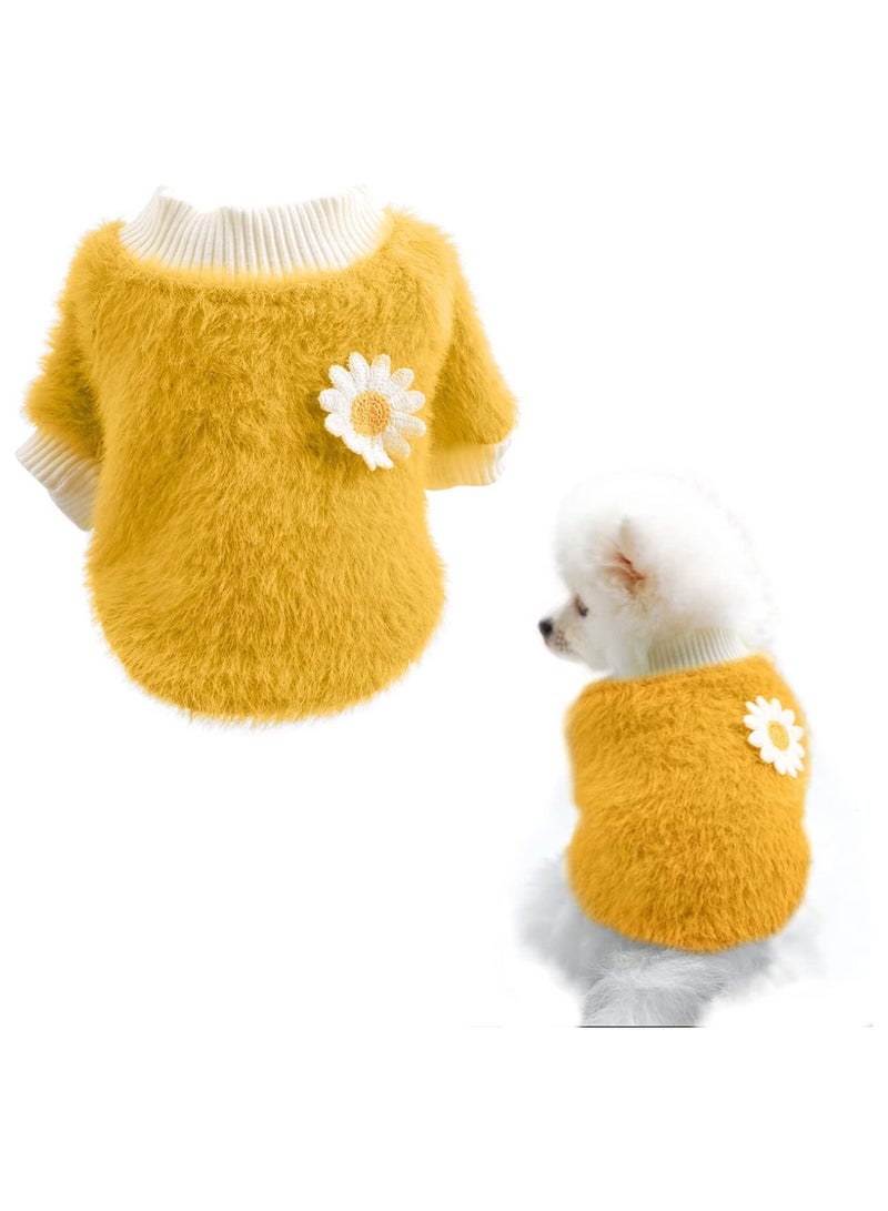 Small Dog Sweater Cute Yellow Daisy Plush Clothes for Dogs Warm Coat Winter Cloth Puppy Soft Short Medium (Yellow Daisy)