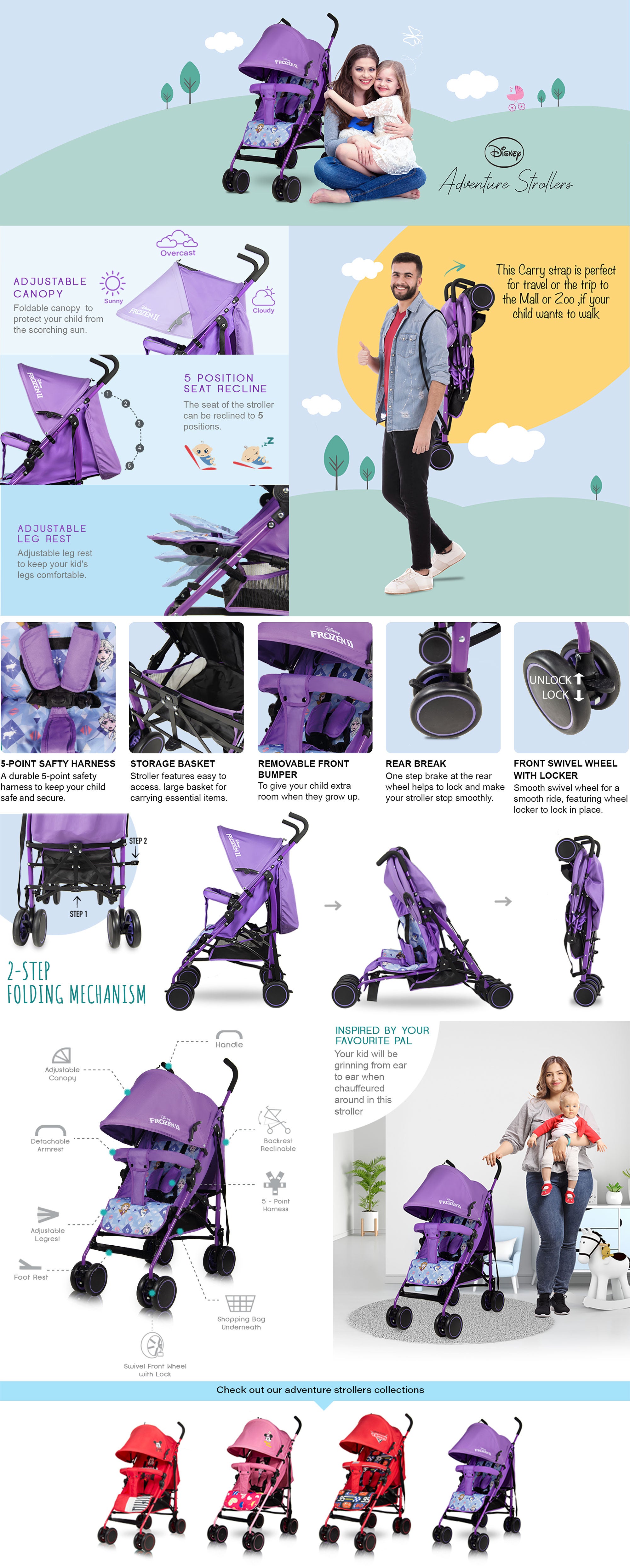 Frozen 2 Lightweight Adventure Stroller With Storage Cabin