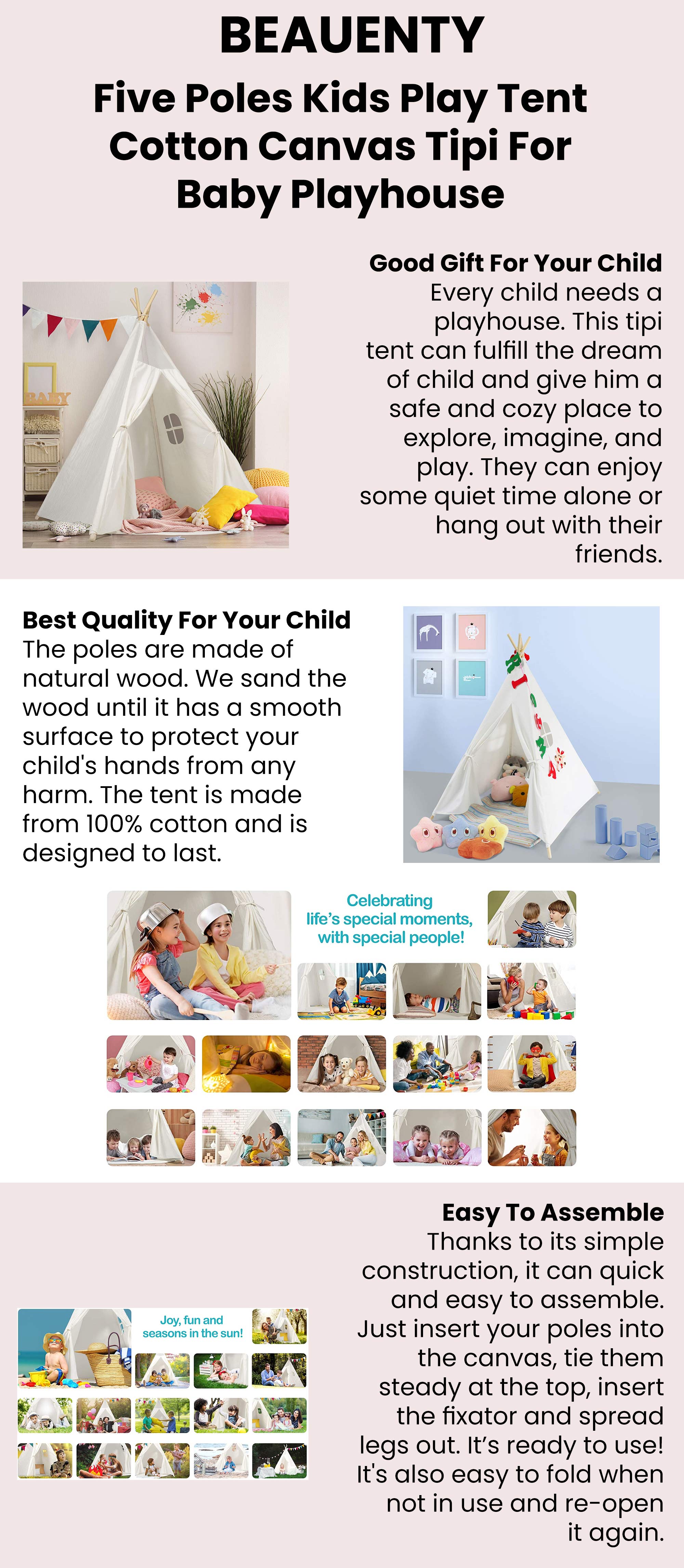 5 Poles Portable Breathable Compact Lightweight Canvas Teepee Eco- Frinedly Play House Tent