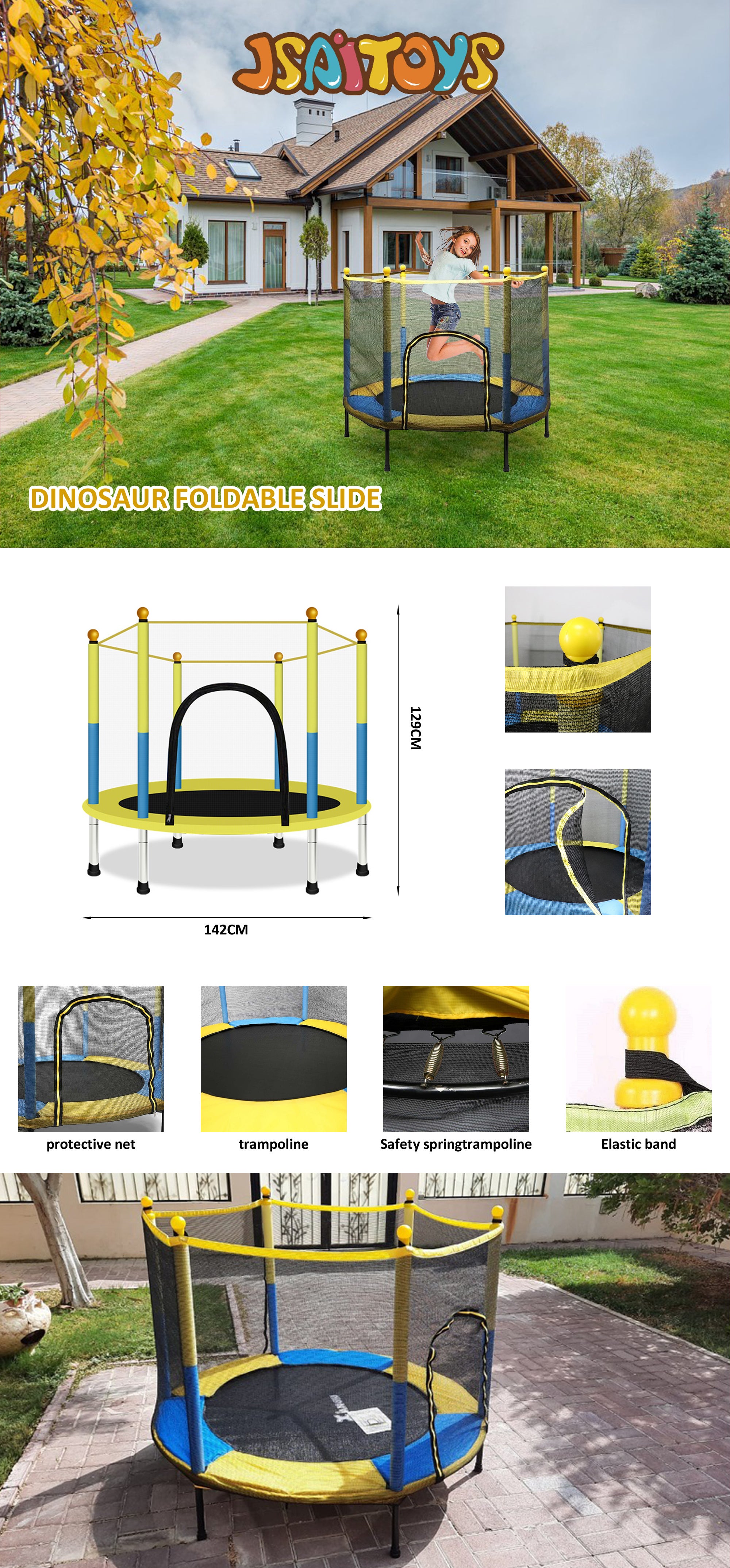 4.5FT Kids Waterproof Breathable Full Enclosed Portable Jumping Trampoline