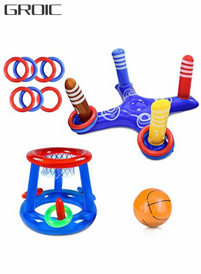 Pool Toys Games Set - Floating Basketball Hoop&Inflatable Pool Ring Toss for Kids Adults Family Swimming Water Sport Fun Floats Accessories