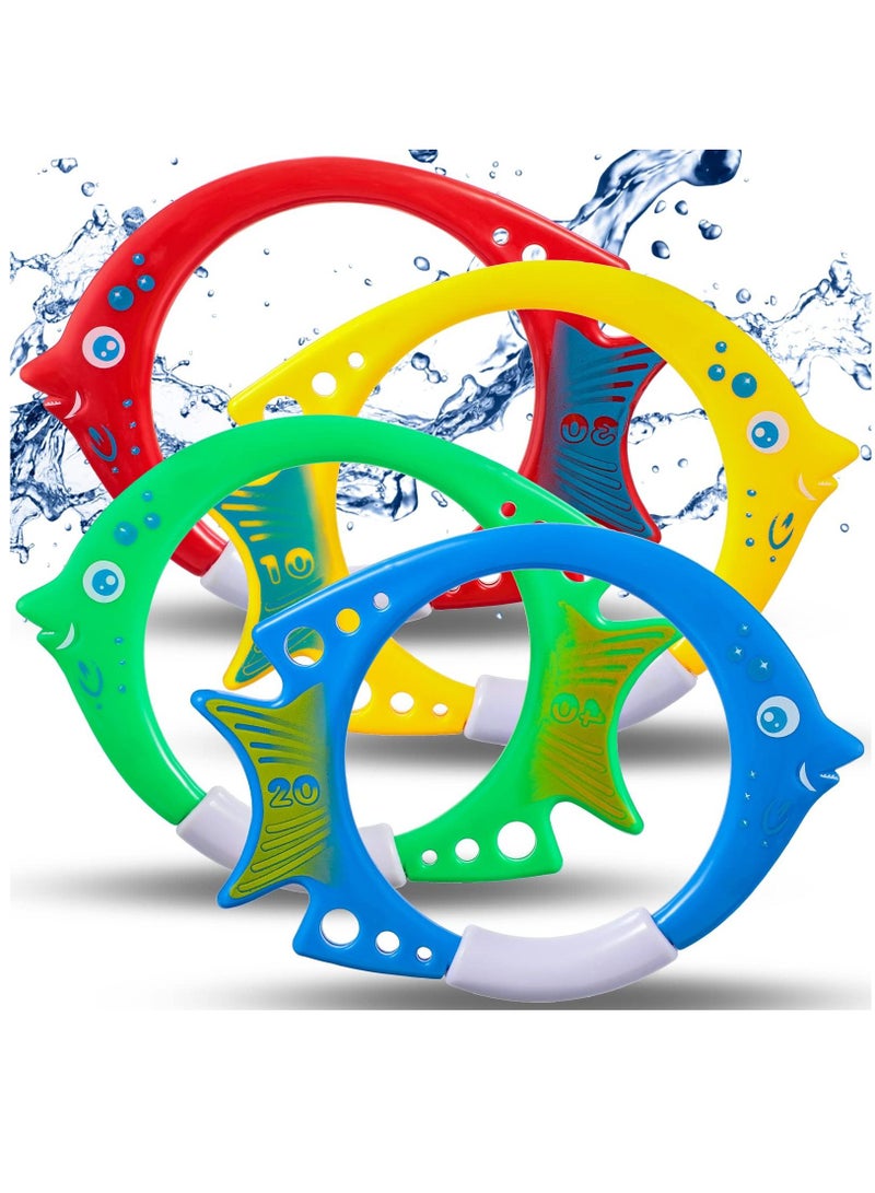 Pool Diving Toys, Kids Swimming Pool Toys Plastic Fish Shaped Diving Rings Easy Retrieval Sinking Colorful Diving Rings, Swimming Training Practice Accessories (4 Pack)