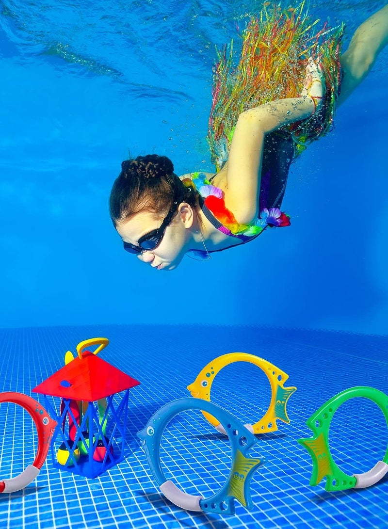 Pool Diving Toys, Kids Swimming Pool Toys Plastic Fish Shaped Diving Rings Easy Retrieval Sinking Colorful Diving Rings, Swimming Training Practice Accessories (4 Pack)