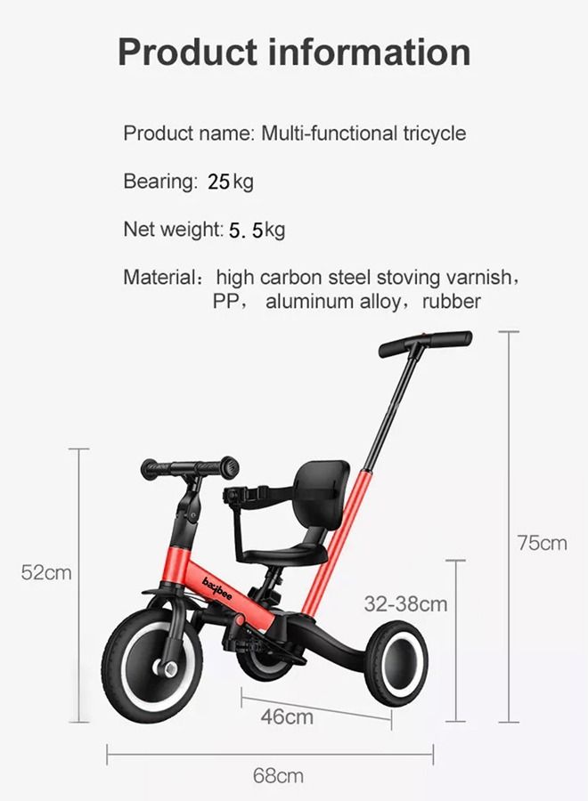 5 In 1 Kids Cycle Tricycle For Kids Smart Baby Tricycle Cycle With Eva Wheels Parental Adjustable Push Handle Seat Pedal And Safety Belt Tricycle Cycle For Kids 1 To 3 Years Boys Girls Red