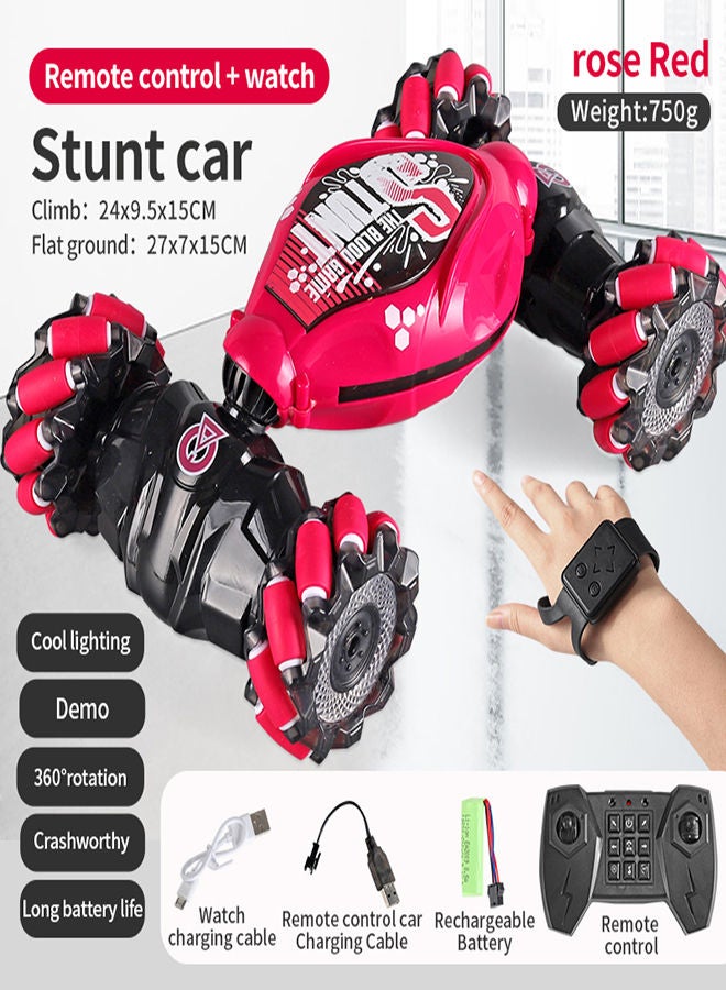 Rose Red Remote Control Stunt Car 4WD Stunt Gesture Induction Twisting Off Road 360 Rotation Cool Light Music Drift Traverse Remote Control and Watch Dancing Side Driving Toy
