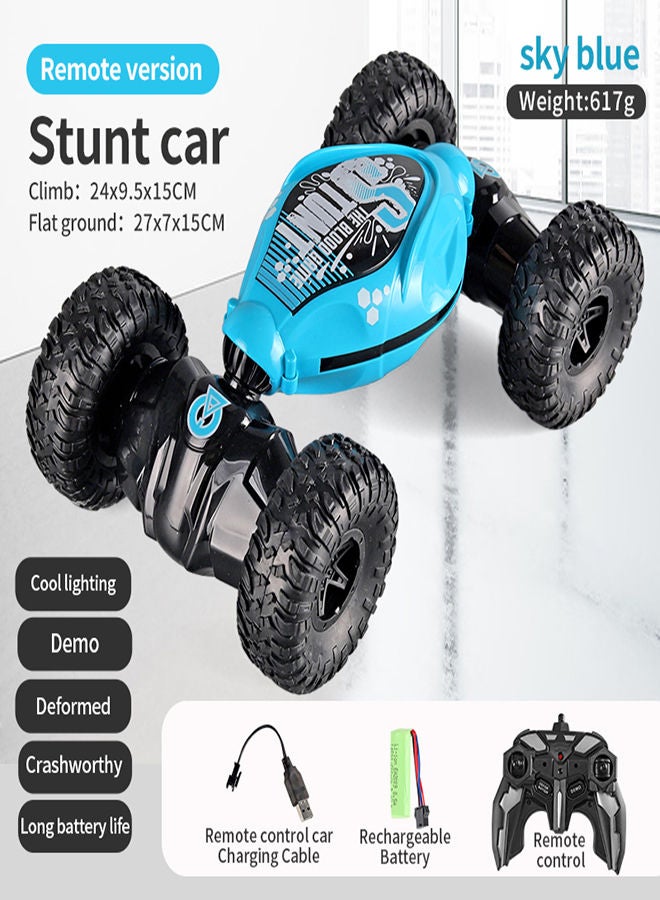 Sky Blue Remote Control Stunt Car 4WD Stunt Twisting Off Road Deformed Vehicle Cool Light Music Drift Traverse Remote Control Dancing Side Driving Toy