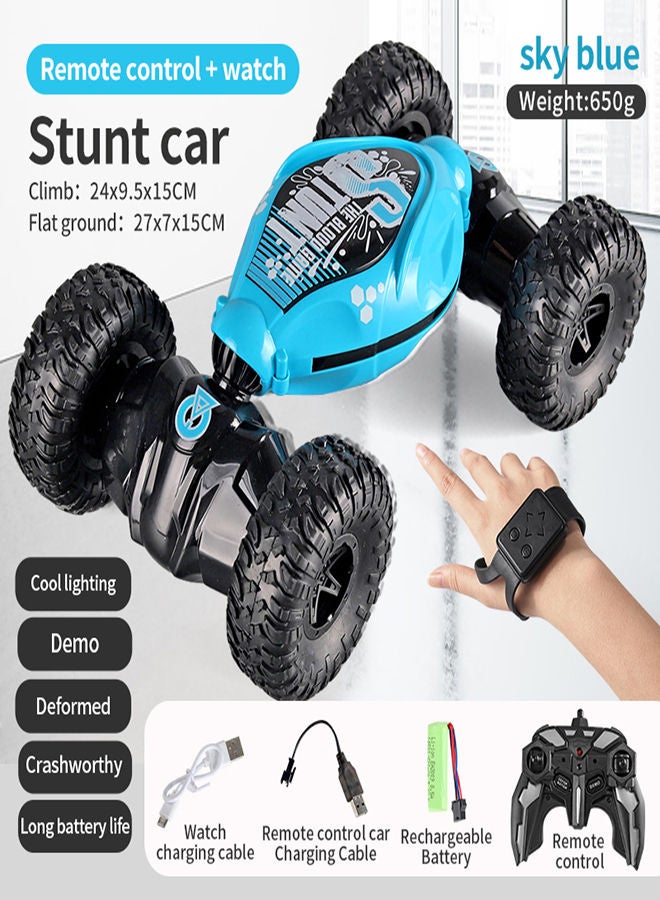 Sky Blue Remote Control Stunt Car 4WD Stunt Gesture Induction Twisting Off Road Deformed Vehicle Cool Light Music Drift Traverse Remote Control and Watch Dancing Side Driving Toy