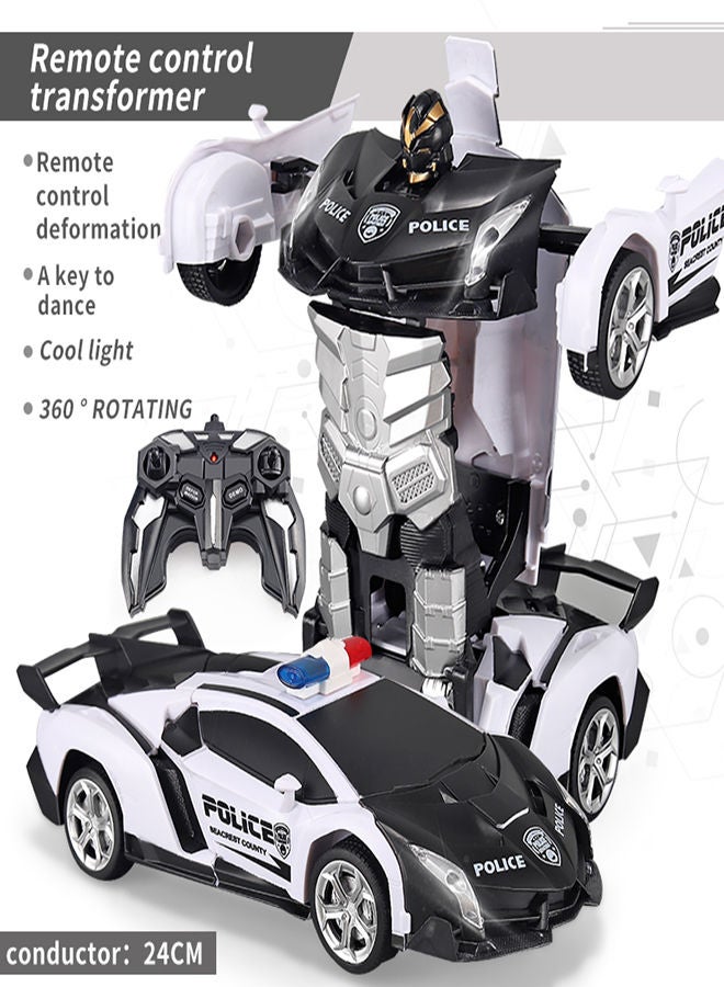 The Police White Remote Control Car Transform Robot RC Car with 2.4g Version Remote And One Button Transforming 360 Degree Rotation Drifting Ideal Car Scale and Birthday Gift Toy