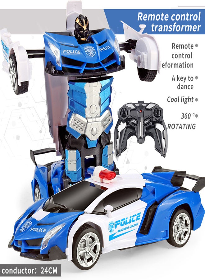 The Police Car Blue Remote Control Car Transform Robot RC Car with 2.4g Version Remote And One Button Transforming 360 Degree Rotation Drifting Ideal Car Scale and Birthday Gift Toy