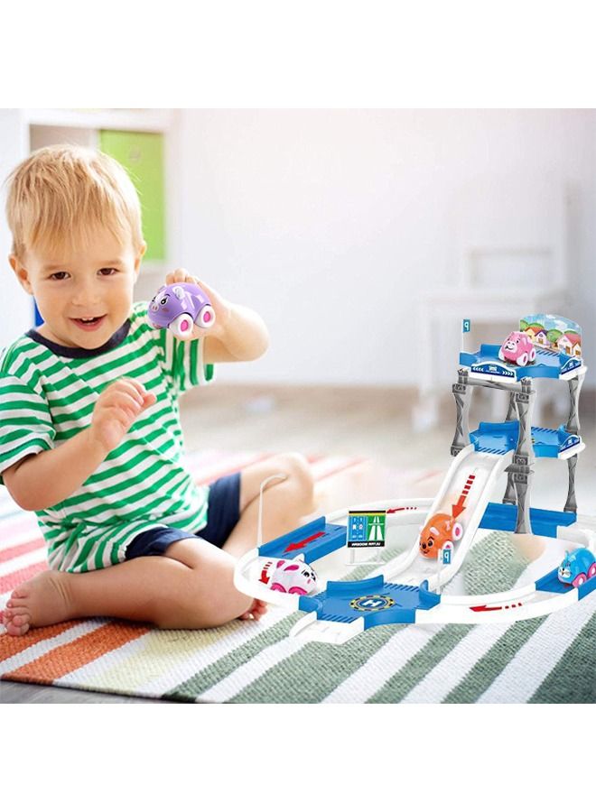 Parking Lot Set with Race Track, Toddler Great Race Track Perfect Car Trace,Parking Garage Track Toy with 3 Animal Cars