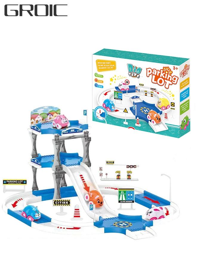 Parking Lot Set with Race Track, Toddler Great Race Track Perfect Car Trace,Parking Garage Track Toy with 3 Animal Cars