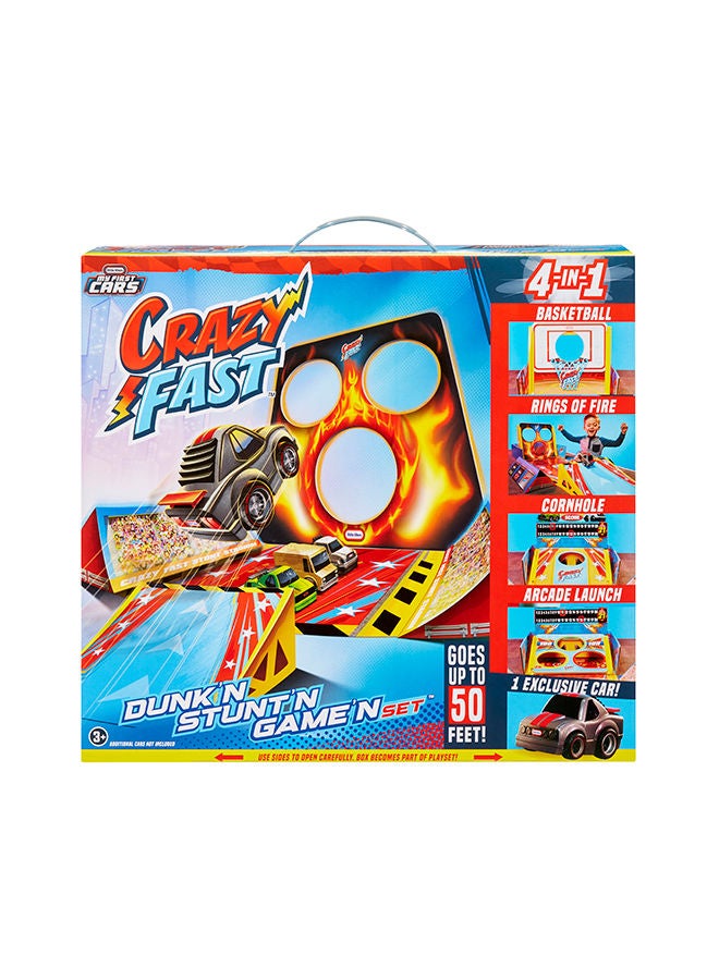 My First Cars Crazy Fast 4-in-1 Dunk’n Stunt’n Game’n Set with One Exclusive Pullback Toy Car Vehicle Goes up to 50ft