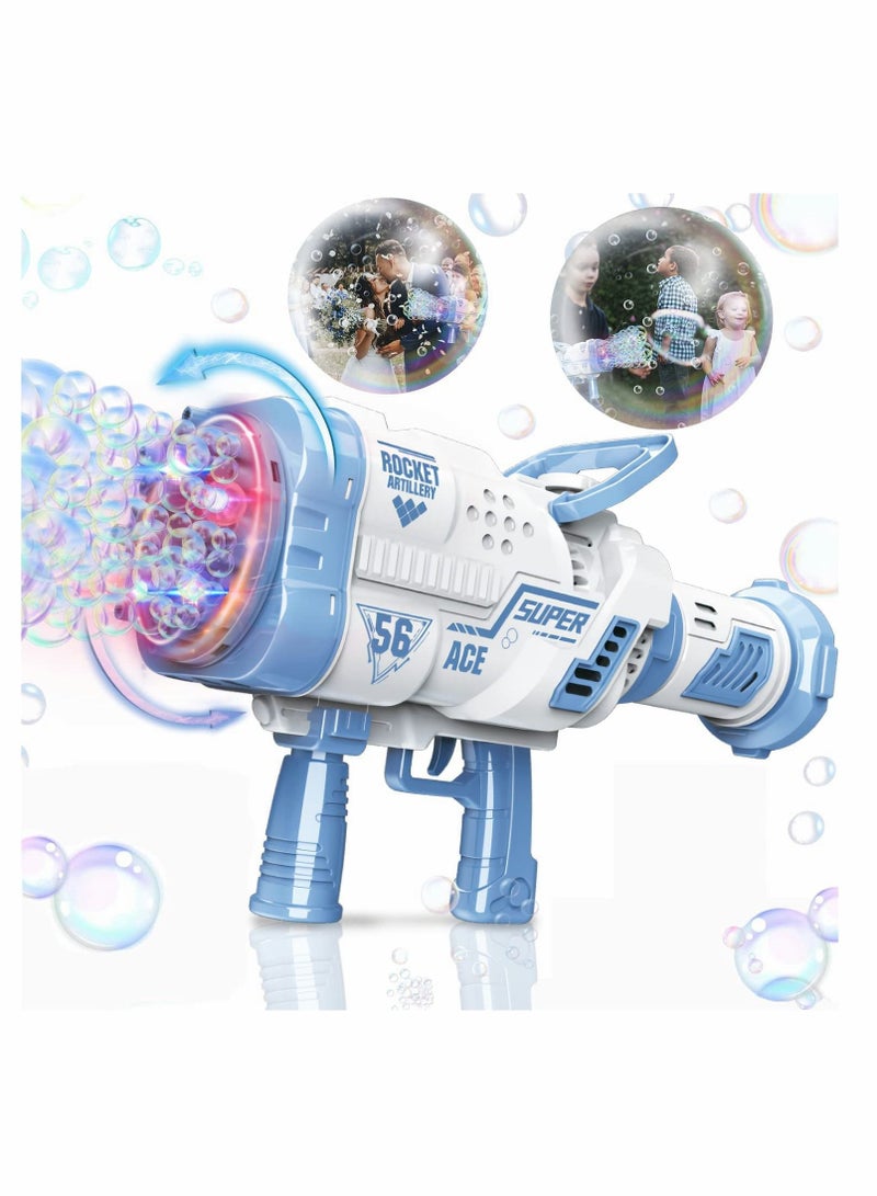 56-Hole Bubble Machine Gun 360-Degree Rotate Rocket Bubble Launcher with Colorful Lights, Bubble Blower for Kids Adults Outdoor Birthday Party Wedding Social Summer Toy (Blue)