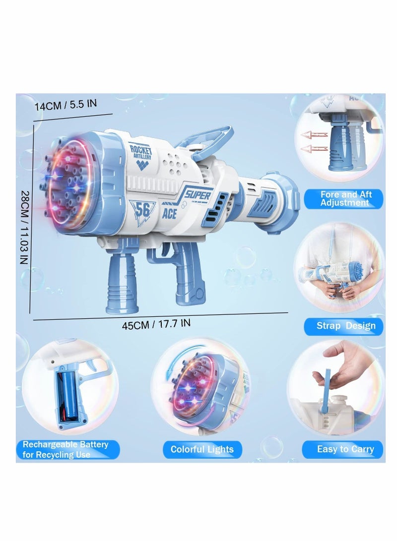 56-Hole Bubble Machine Gun 360-Degree Rotate Rocket Bubble Launcher with Colorful Lights, Bubble Blower for Kids Adults Outdoor Birthday Party Wedding Social Summer Toy (Blue)