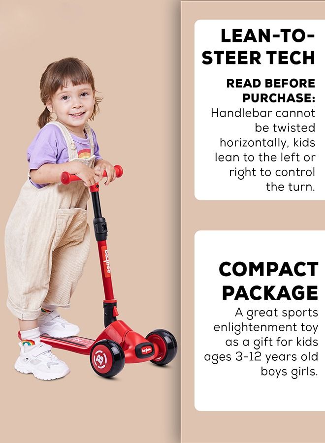 Baybee Enzo Skate Scooter for Kids 3 Wheel Kids Scooter with Foldable 4 Height Adjustable Handle Baby Scooter with LED Wheels Smart Kick Scooter for Baby Scooter for Kids 3 to 12 Years Boys Girls Red