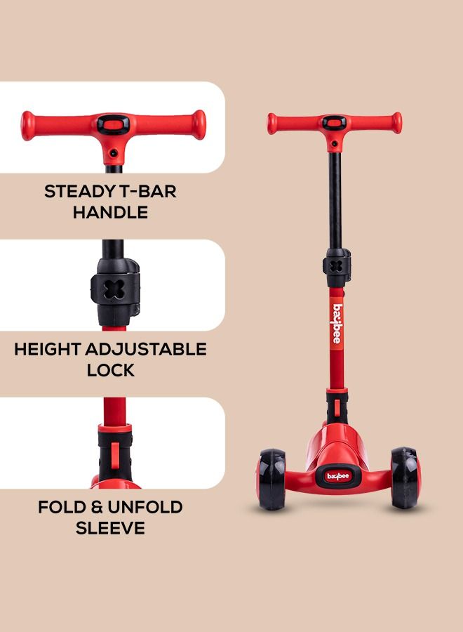 Baybee Enzo Skate Scooter for Kids 3 Wheel Kids Scooter with Foldable 4 Height Adjustable Handle Baby Scooter with LED Wheels Smart Kick Scooter for Baby Scooter for Kids 3 to 12 Years Boys Girls Red