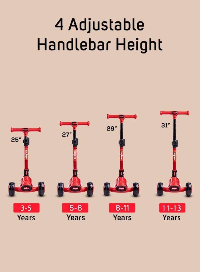 Baybee Enzo Skate Scooter for Kids 3 Wheel Kids Scooter with Foldable 4 Height Adjustable Handle Baby Scooter with LED Wheels Smart Kick Scooter for Baby Scooter for Kids 3 to 12 Years Boys Girls Red