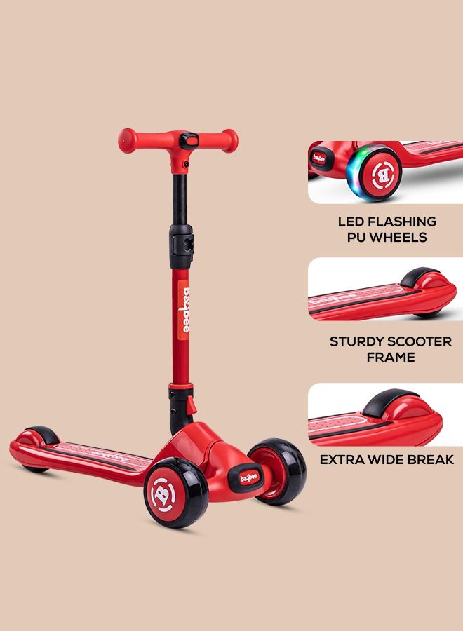 Baybee Enzo Skate Scooter for Kids 3 Wheel Kids Scooter with Foldable 4 Height Adjustable Handle Baby Scooter with LED Wheels Smart Kick Scooter for Baby Scooter for Kids 3 to 12 Years Boys Girls Red