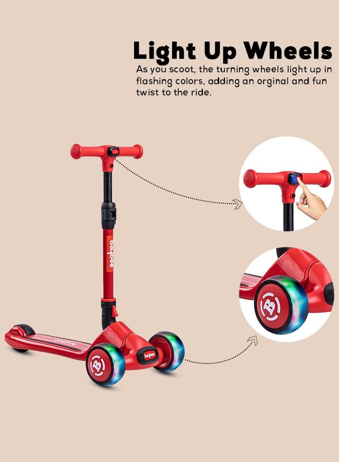 Baybee Enzo Skate Scooter for Kids 3 Wheel Kids Scooter with Foldable 4 Height Adjustable Handle Baby Scooter with LED Wheels Smart Kick Scooter for Baby Scooter for Kids 3 to 12 Years Boys Girls Red