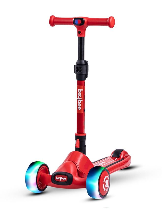 Baybee Enzo Skate Scooter for Kids 3 Wheel Kids Scooter with Foldable 4 Height Adjustable Handle Baby Scooter with LED Wheels Smart Kick Scooter for Baby Scooter for Kids 3 to 12 Years Boys Girls Red