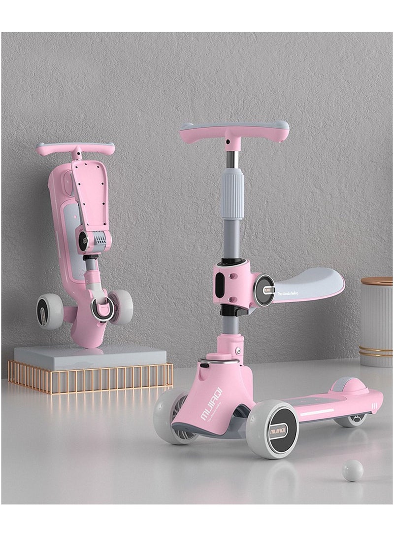 Kids Kick Scooter 5 in 1 Foldable Scooter with 3 LED Light Wheels and Seat, Safety LED Light and Kids Music