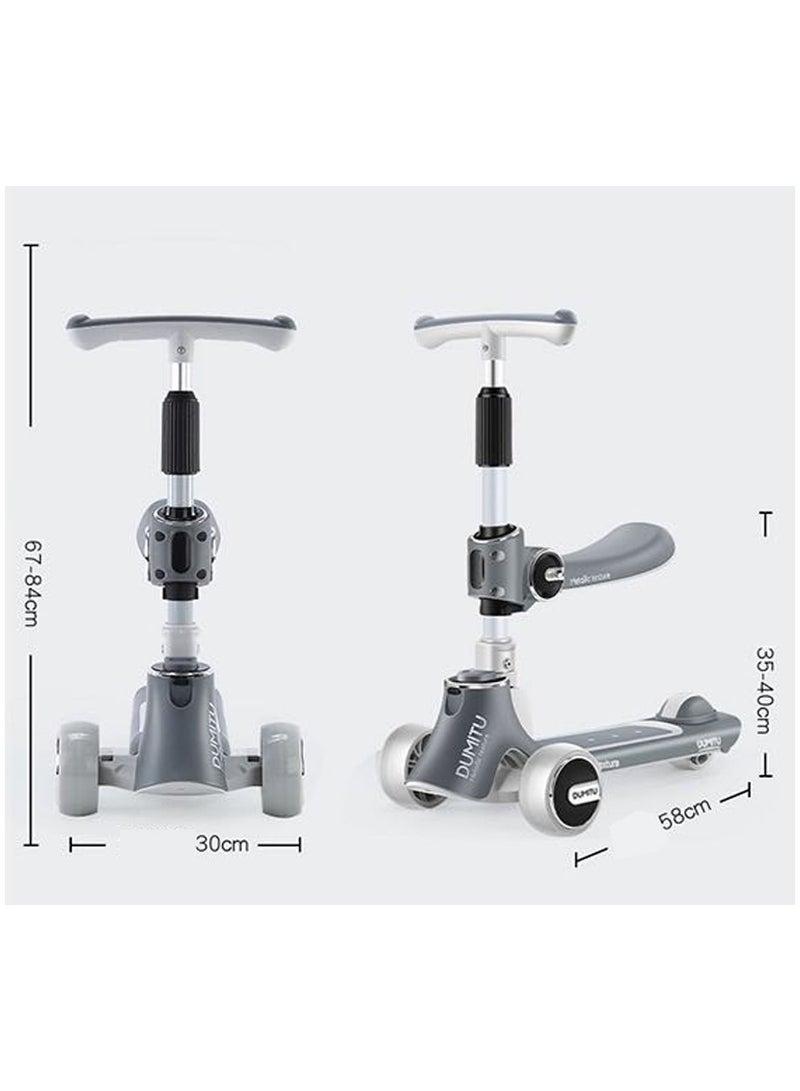 Kids Kick Scooter 5 in 1 Foldable Scooter with 3 LED Light Wheels and Seat, Safety LED Light and Kids Music