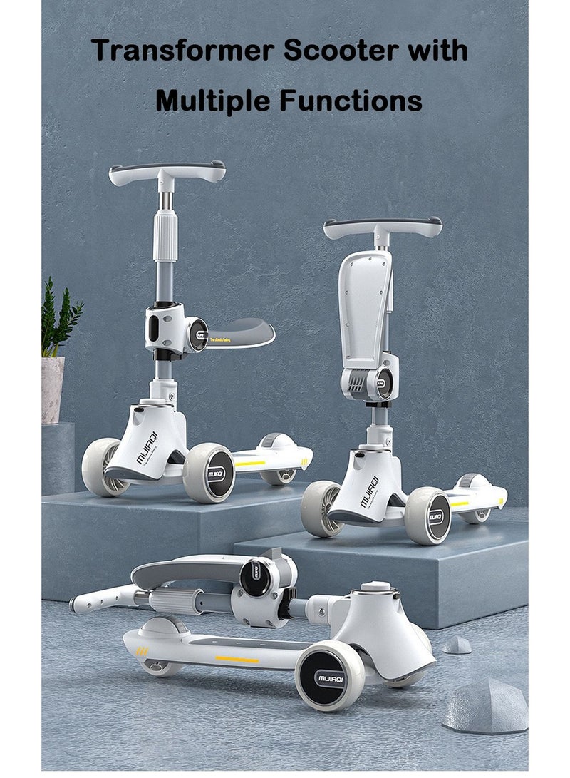 Kids Kick Scooter 5 in 1 Foldable Scooter with 3 LED Light Wheels and Seat, Safety LED Light and Kids Music