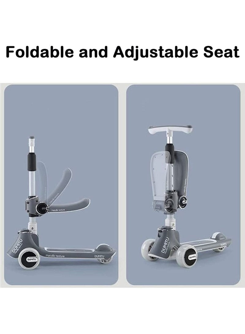 Kids Kick Scooter 5 in 1 Foldable Scooter with 3 LED Light Wheels, Seat and Kids Music (Grey)