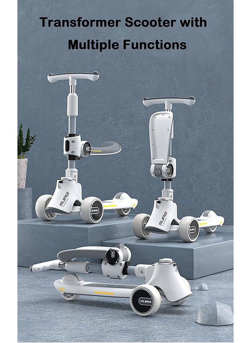 Kids Kick Scooter 5 in 1 Foldable Scooter with 3 LED Light Wheels, Seat and Kids Music (Grey)