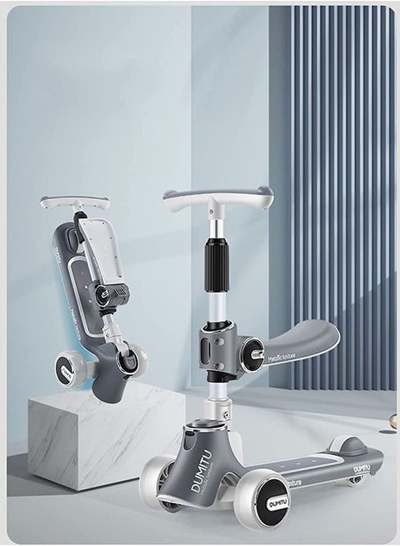 Kids Kick Scooter 5 in 1 Foldable Scooter with 3 LED Light Wheels, Seat and Kids Music (Grey)