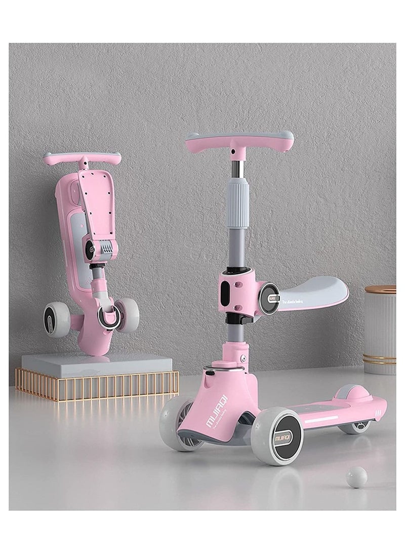 Kids Kick Scooter 5 in 1 Foldable with 3 LED Light Wheels Seat and Kids Music(Pink)