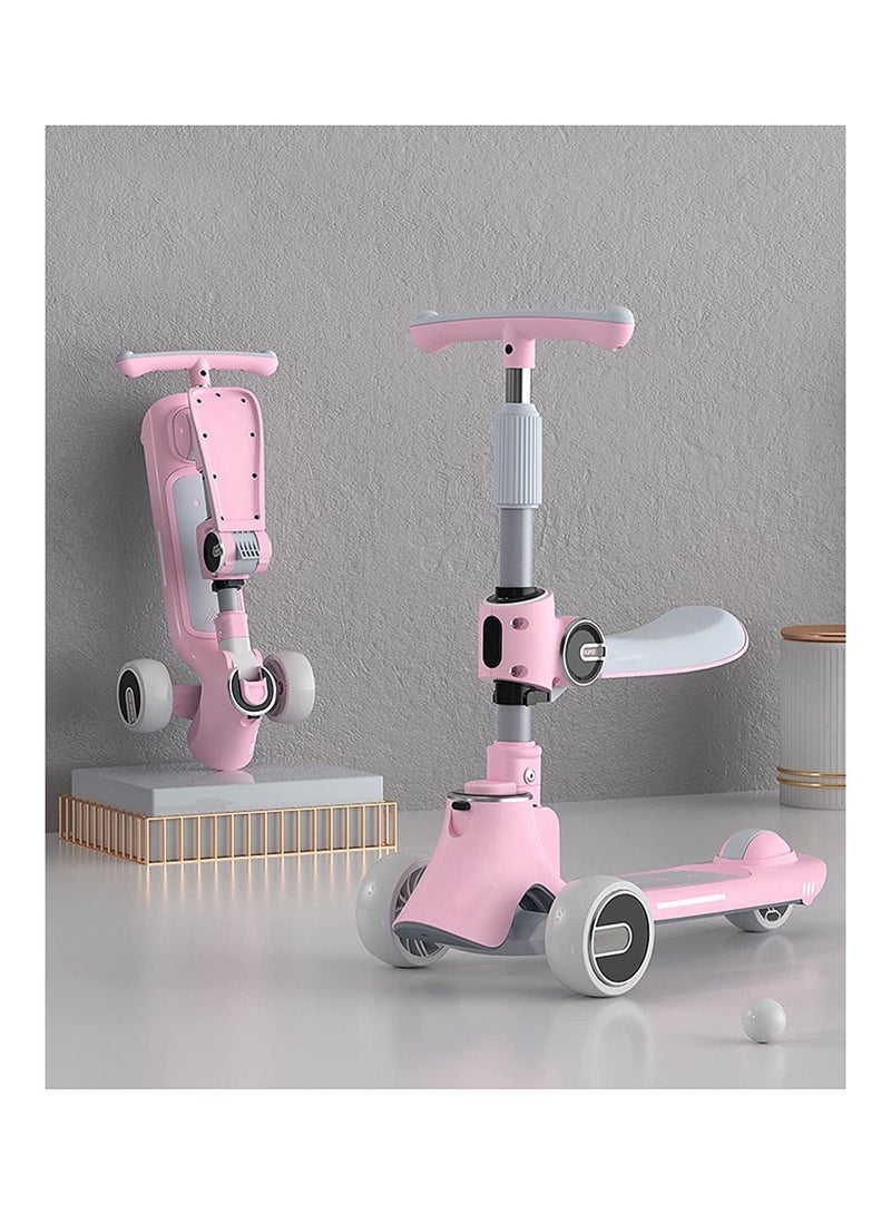 Kids Kick Scooter 5 in 1 Foldable Scooter with 3 LED Light Wheels and Seat, Safety LED Light, and Kids Music